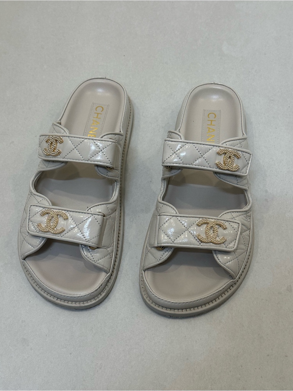 CHANEL Cream Quilted Patent Leather Double-Strap Sandals with Gold CC Size 38